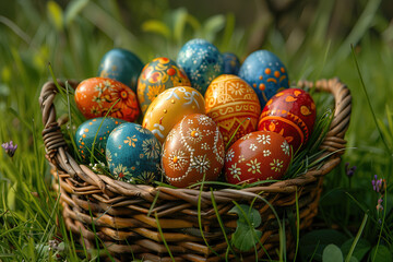 Easter eggs painted in a basket on green grass - 781824421
