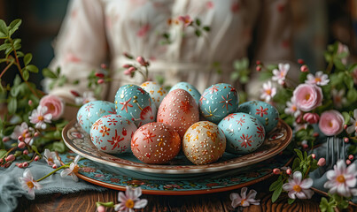 Easter eggs painted in a plate on the table - 781824441