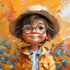 Animated character 3D image of a dark-haired teenager with tousled hair, brown big eyes, glasses, wearing a yellow jacket - 781824493