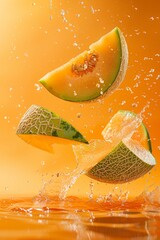 A close-up shot capturing the tantalizing moment of cantaloupe melon and peel pieces making a splash in water