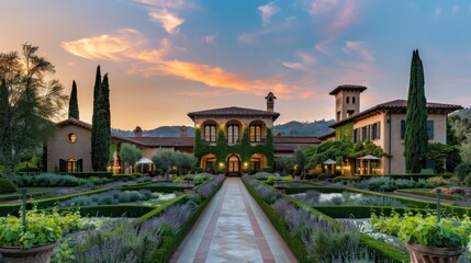 a luxury vineyard estate with sprawling gardens, underground wine cellars, and Tuscan-inspired...