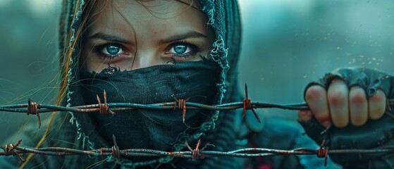 Against tyranny and against the idea of ​​oppression, an image of a young woman wearing a mask holding barbed wire.