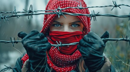 Against tyranny and against the idea of ​​oppression, an image of a young woman wearing a mask holding barbed wire. - obrazy, fototapety, plakaty