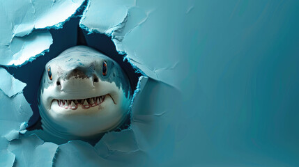Cute shark peeking through a hole in a blue paper wall with copy space. Generative AI.