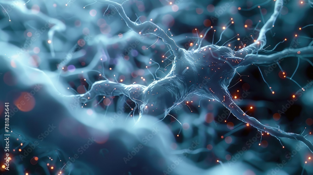 Fototapete A macro neural environment, with synapses connecting each other with light. Generative AI.