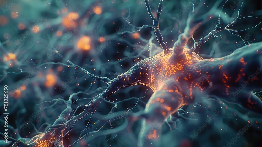 Fototapete A macro neural environment, with synapses connecting each other with light. Generative AI.