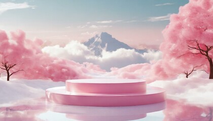 Background podium pink 3d product sky platform display cloud pastel scene render stand. Pink podium stage minimal abstract background beauty dreamy space studio pedestal smoke showcase geometric white