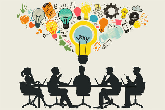 Corporate team engaged in a brainstorming session, depicted by silhouettes and vibrant lightbulb graphics, symbolizing idea generation and teamwork.