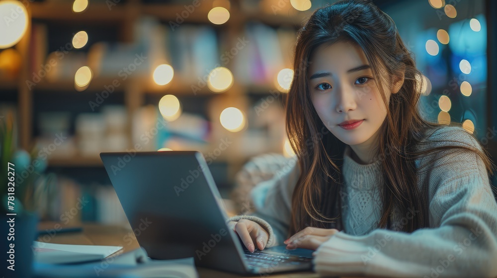 Poster Asian young beautiful student is watching the math course of the laptop screen and making note at the same time. Generative AI.