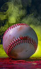 Baseball with a trail of yellow smoke on a moody backdrop. - obrazy, fototapety, plakaty