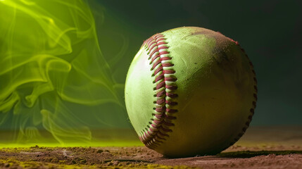 Baseball with swirling green smoke on dark background.