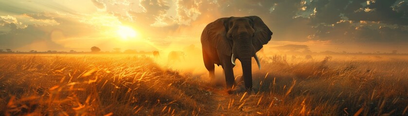 African Elephants, massive creatures, symbol of strength, stomping through a sunlit savannah, preservation triumph, photography, backlighting - obrazy, fototapety, plakaty