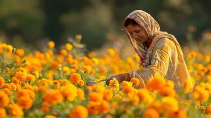 An indian woman farmer working in a field of orange marigold flowers.