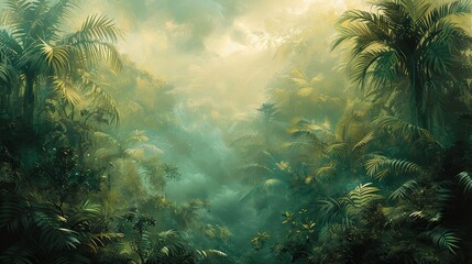 Enchanting tropical landscape in muted tones, showcasing the allure of towering trees and lush greenery against a soft sky. - obrazy, fototapety, plakaty