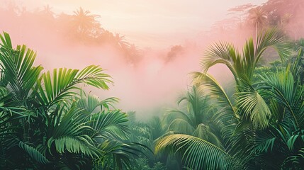 Fototapeta na wymiar Dreamy tropical escape with muted tones, highlighting the majesty of palm trees and dense foliage against a serene sky.