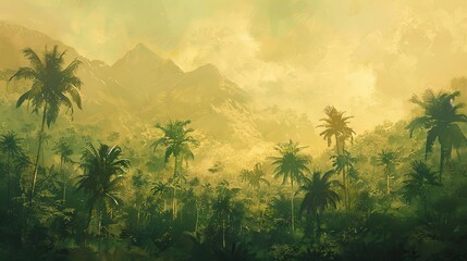 Captivating tropical scene with muted tones, showcasing the elegance and tranquility of tropical trees swaying gently in the breeze.