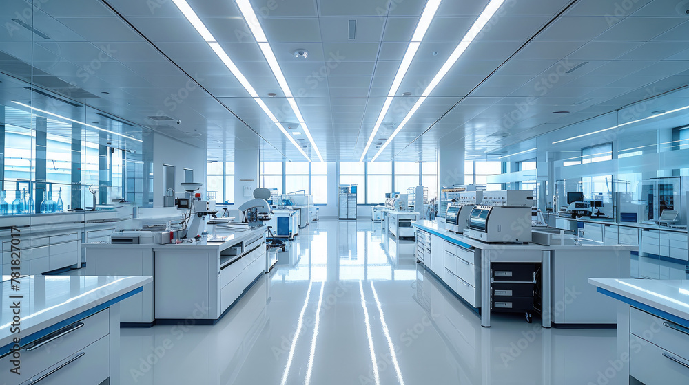 Aufkleber a modern lab with white and blue accents. high end lab equipment sits on work tables in the center o