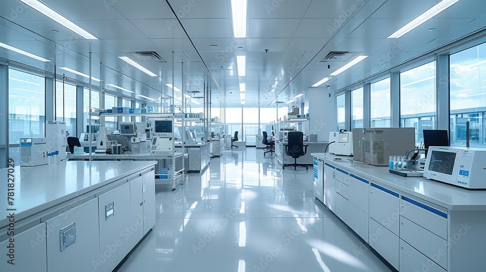 Aufkleber a modern lab with white and blue accents. high end lab equipment sits on work tables in the center o