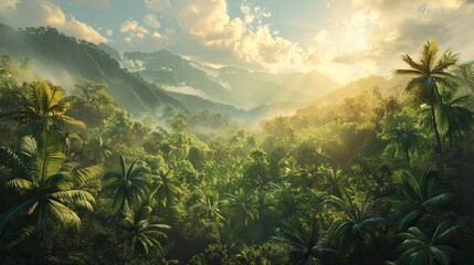 Spectacular view of a tropical forest in muted tones, accentuating the natural beauty of vibrant trees and dense foliage.