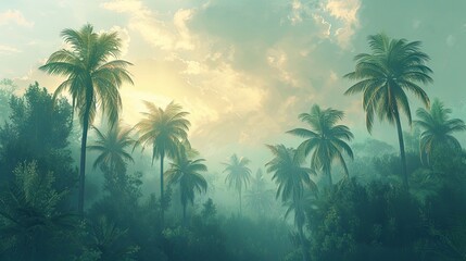 Fototapeta na wymiar Tranquil scene of tropical paradise, with muted tones accentuating the beauty of towering palm trees against a soft sky.