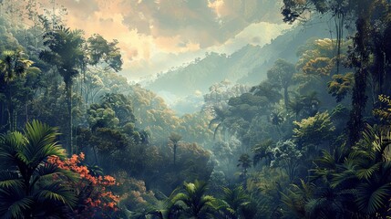 Spectacular view of a tropical forest in muted tones, accentuating the natural beauty of vibrant trees and dense foliage. - obrazy, fototapety, plakaty