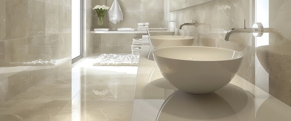 Modern bathroom with large tiles and two vessel sinks - Powered by Adobe