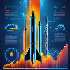 Illustration of rocket in space, abstract growth graph chart with launch rocket on technology blue background, startup and success building business concept, generative AI, space shuttle launch - obrazy, fototapety, plakaty