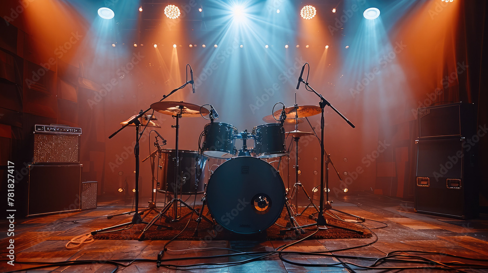 Poster drums on a stage illuminated by stage lights and spotlights. generative ai.