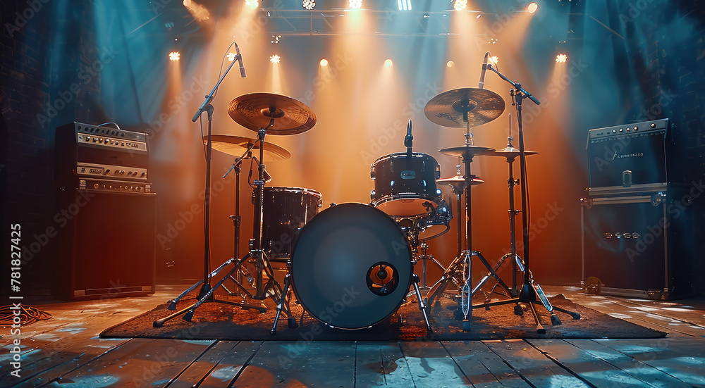 Wall mural drums on a stage illuminated by stage lights and spotlights. generative ai.