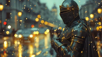 Foto op Canvas A knight, Modern Armor, Brave warrior from the past in a bustling city, Evening traffic, Realistic, Golden Hour, Depth of Field Bokeh Effect © Kumrop