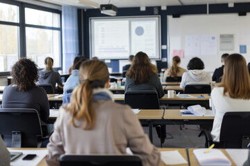 Classroom Training Session in Progress - Students attentively participate in a classroom training session with a presentation projected on the screen.
