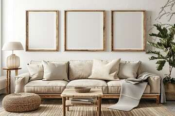 3D  Mockup Minimalist Scandinavian Living Room Wooden Frames