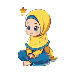 Naklejka premium Celebrating Eid Fitr: Joyful Muslim in Yellow Robe Clasping Hands in Smiling Reverence