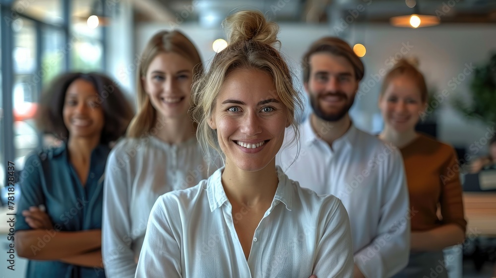 Poster A group of happy people are depicted in an office setting, standing and sitting behind their desks, all smiling at the camera. Generative AI.