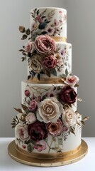 A glamorous finish embellished with metallic gold and silver leaf enhances the luxurious tiered fondant cakes charm.