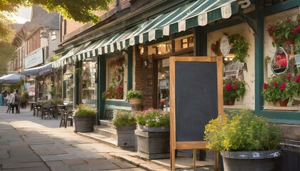 charming café entrance adorned with blank blackboard restaurant shop signs, inviting patrons to explore the menu offerings. Background