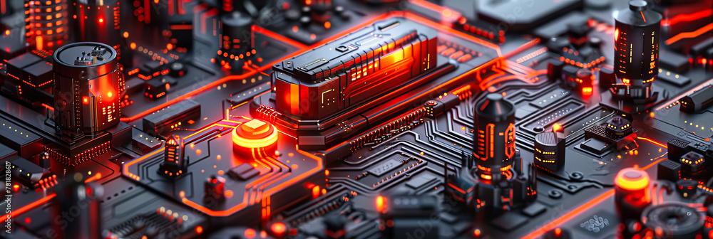 Poster red and blue digital computing technology, processor and motherboard circuitry, hardware and enginee