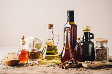 Assortment of seed oils and ingredients.