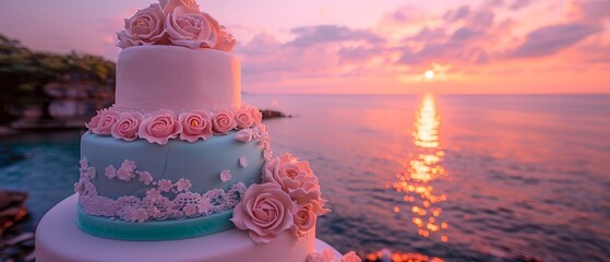 A breathtaking, cliff side ocean view complements the silhouette themed wedding cake with sunset colors and delicate lace.