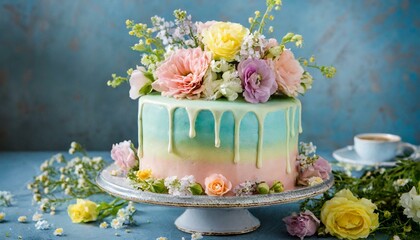 Whimsical Blooms: Pastel Birthday Cake on Blue"