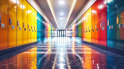 Red Lockers Along an Empty School Corridor, Secure Storage Concept in Educational Building, Modern Interior Design