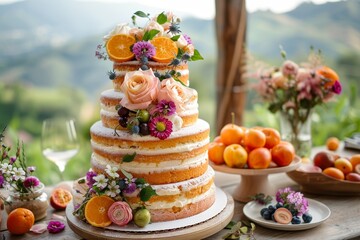 Rustic, eco friendly cake features vegan, gluten free tiers, adorned with seasonal fruits and flowers outdoors.