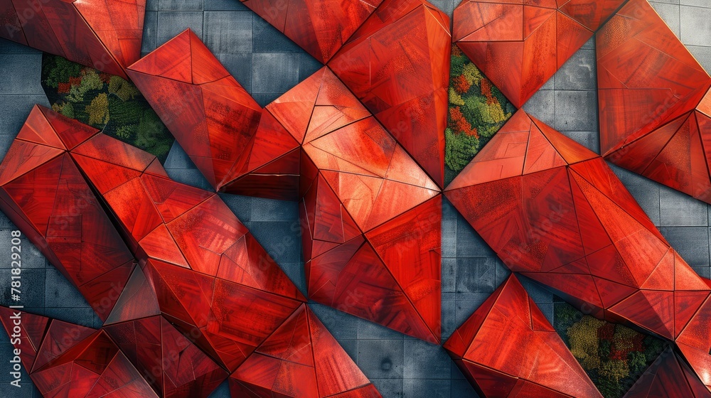 Poster aerial view of a geometric landscape composed of intersecting red triangles. generative ai.