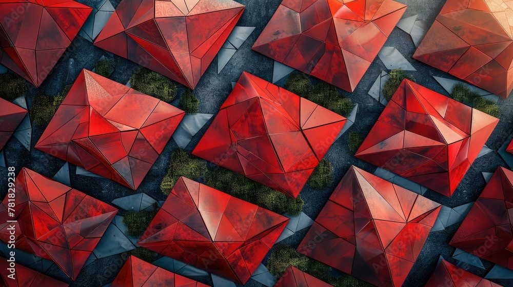 Poster aerial view of a geometric landscape composed of intersecting red triangles. generative ai.