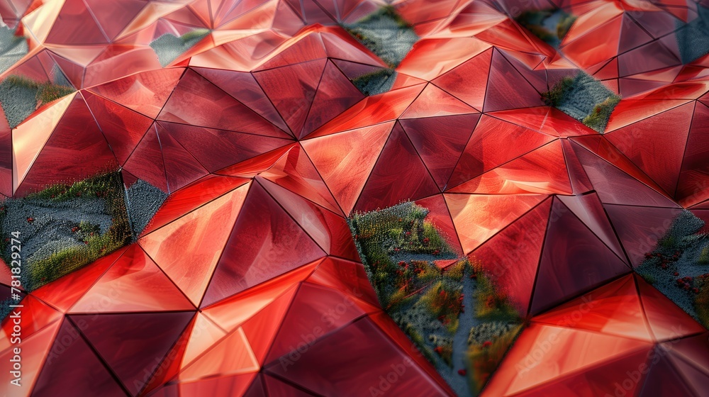 Poster aerial view of a geometric landscape composed of intersecting red triangles. generative ai.