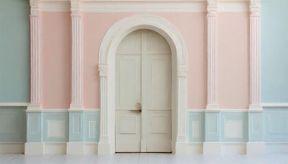 old white wood door in a pastel color european style ancient building AI generated illustration
