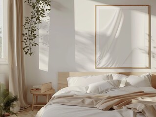Fototapeta na wymiar 3D Mockup Minimalist Scandinavian Bedroom Wooden Frames