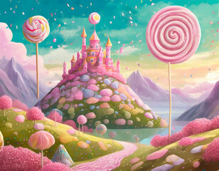 candy castle in a candy world dream landscape AI generated illustration
