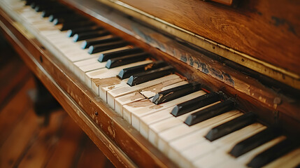 Fototapeta na wymiar Close up of vintage piano keyboard on wood floor, musical instrument accessory