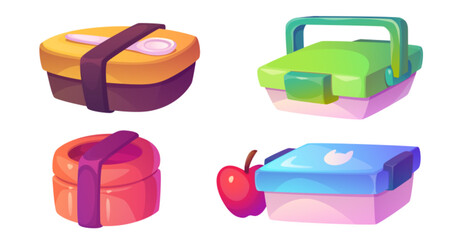 School lunch box for kid food and snack cartoon icon. Isolated lunchbox and plastic container for breakfast or dinner with apple for children. Packed takeaway meal clipart set. Picnic bento design - obrazy, fototapety, plakaty